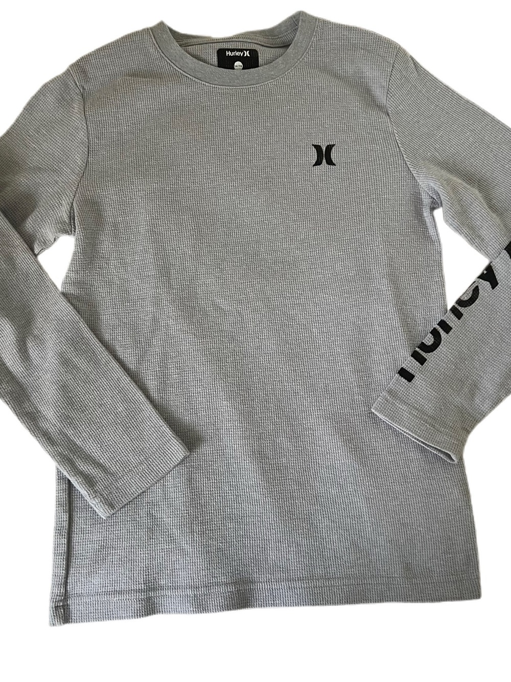 Hurley boys Light Gray Waffle Crewneck Sweater with Black Logo